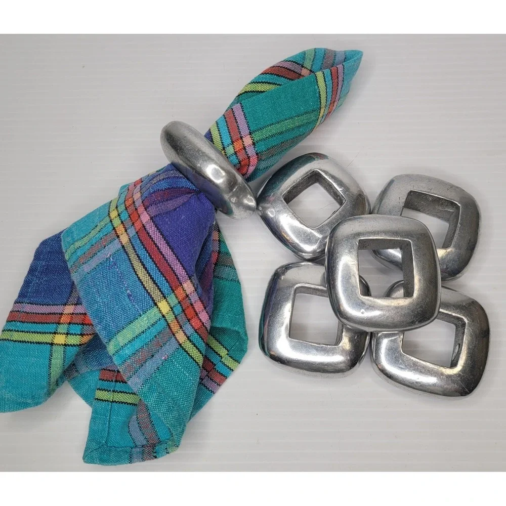 6 Pottery Barn‎ Silver Metal Square Industrial Napkin Rings Heavy Brutalist